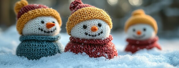Obraz premium Three Knitted Snowmen In The Winter Snow