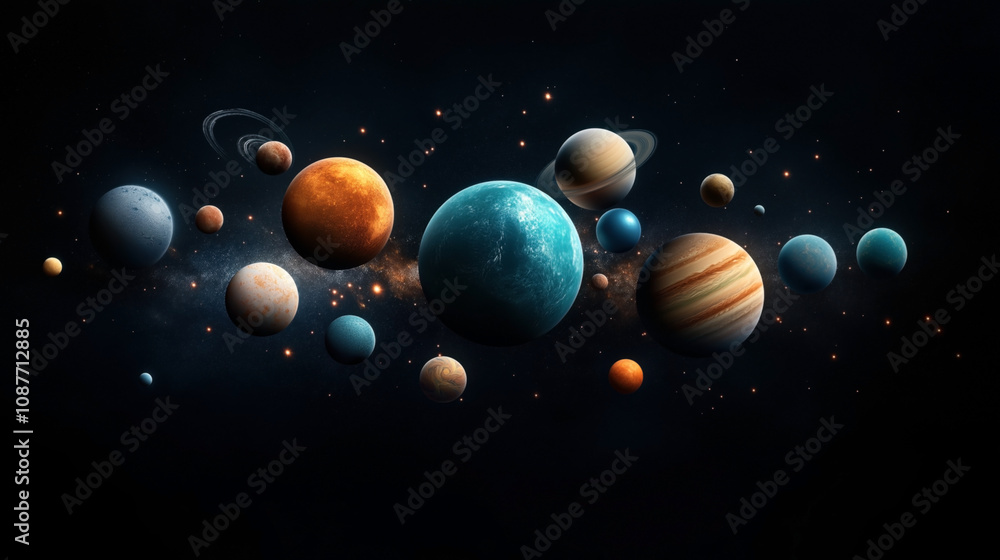 Canvas Prints artistic representation of various planets in a galaxy, featuring diverse colors and sizes, with sta