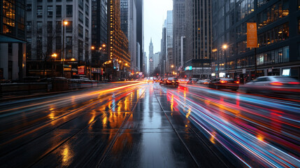 Fototapeta premium Urban street at night with light trails from passing cars, surrounded by tall buildings and reflective wet pavement creating a dynamic cityscape atmosphere.
