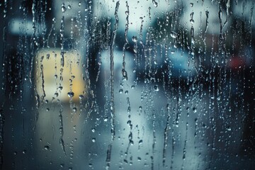 Close-up of a rain-soaked window with droplets slowly rolling down, tracing paths that create intersecting trails, symbolizing connected ideas and thoughts.