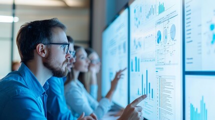 Business Team Analyzing Data on Large Screen Monitors in Modern Office