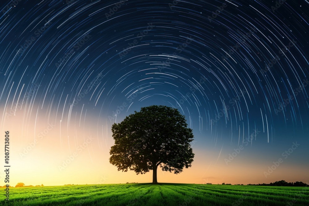 Wall mural a tree is in the middle of a field with a starry sky above it
