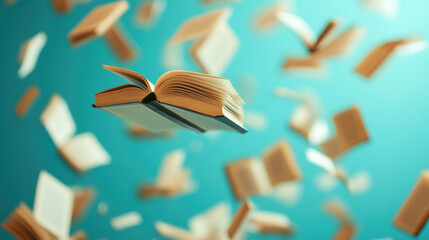 An open book floating mid-air among flying pages, symbolizing knowledge and creativity