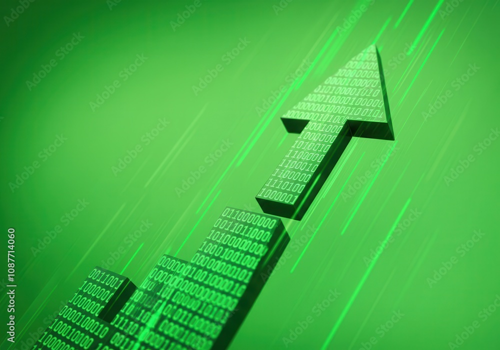 Poster upward trending arrow chart made of binary code numbers is growing on green background, showing posi