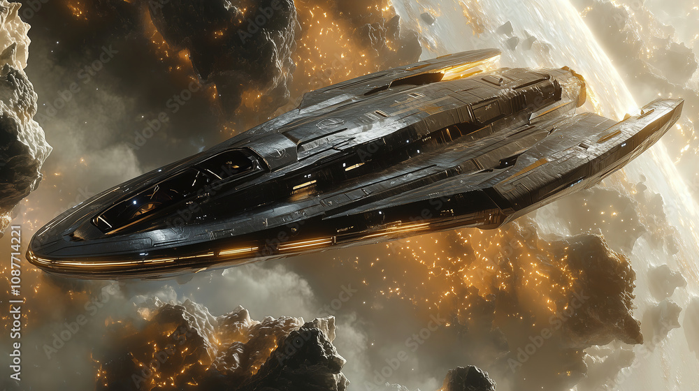 Poster Futuristic spaceship gliding through a vibrant nebula with stars and cosmic clouds in the background during deep space exploration. Generative AI