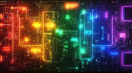 Fototapeta premium Background motherboard circuit neon rainbow glowing futuristic technology wallpaper AI generated image