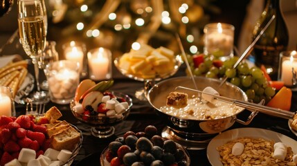Fototapeta premium A lavish dessert fondue spread featuring a variety of fruits, marshmallows