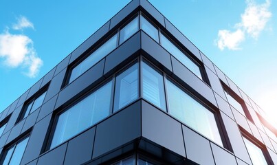 Graphite facade and large windows on a fragment of an office building against a blue sky. Modern aluminum cladding facade with windows, Generative AI