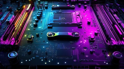 Obraz premium Background motherboard circuit neon rainbow glowing futuristic technology wallpaper AI generated image
