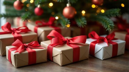 Beautifully wrapped gifts with red bows sit under a glowing Christmas tree adorned with sparkling ornaments, creating a festive holiday scene