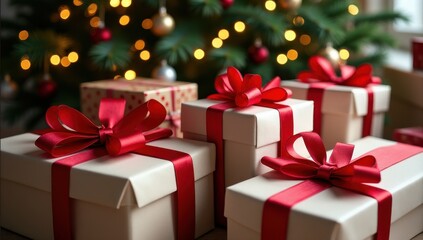 Elegant gift boxes with red ribbons sit under a Christmas tree adorned with glowing golden lights