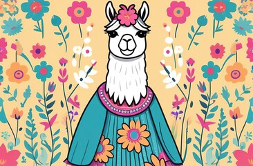 Naklejka premium Llama. Wall sticker in the form of a colorful, artistic portrait of a llama on a white background with splashes of watercolor.