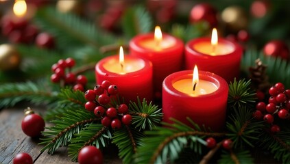 Lit red candles surrounded by evergreen branches and berries, creating a cozy holiday atmosphere