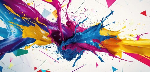 Colorful splashes of paint colliding with geometric patterns, illustrating the vibrant interplay of chaos and control.
