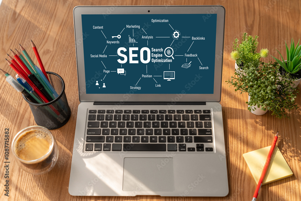 Poster seo search engine optimization for modish e-commerce and online retail business showing on computer 