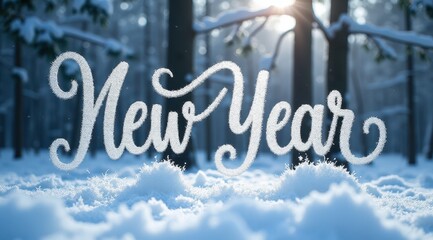 A "New Year" message written in glowing text on a serene snowy winter background with frosted trees