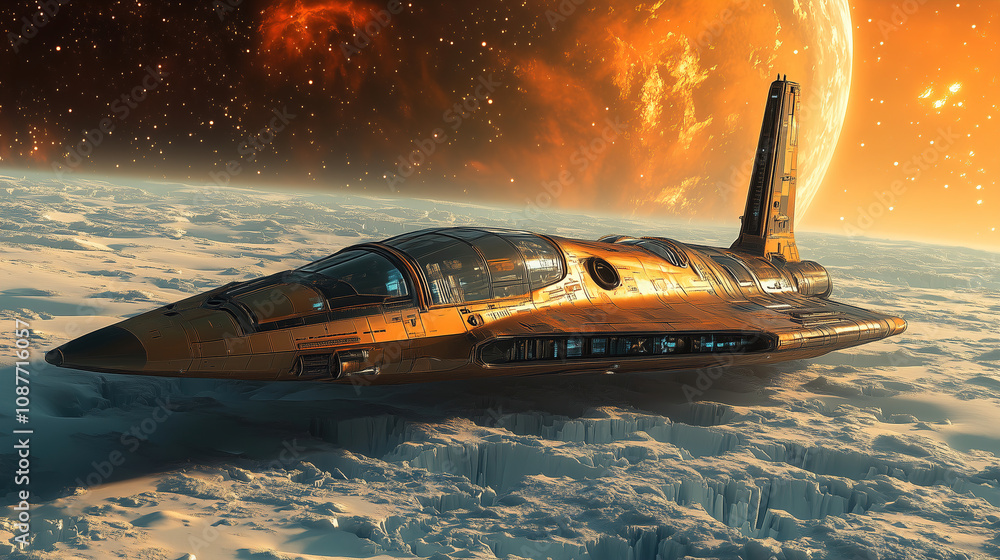 Poster a futuristic spaceship lands on a distant planet beneath a glowing orange sky and bright celestial b