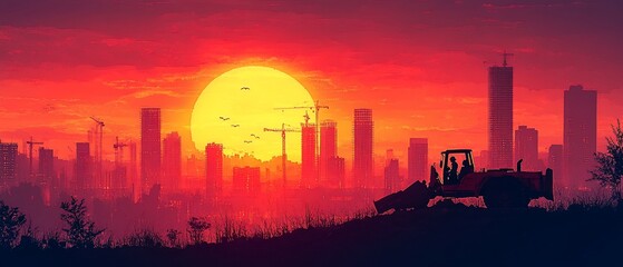 Fototapeta premium A vibrant sunset over a city skyline with construction, featuring a silhouette of machinery.