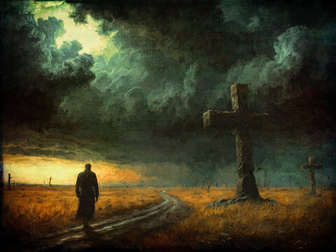 Ein einsamer Wanderer geht durch eine d&uuml;stere Landschaft mit dunklen Wolken und alten Kreuzen bei Sonnenuntergang