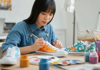 Young asian woman customizing sneakers with colorful paint in her art studio