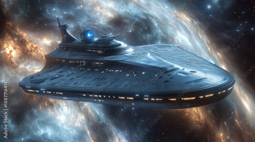Poster a futuristic spaceship travels through a vibrant galaxy filled with colorful nebulae at night. gener