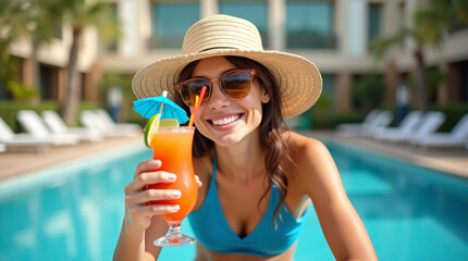 Woman at poolside holding a drink in summer.