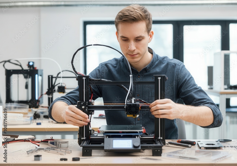 Poster caucasian male engineer working with 3d printer, assembling and fixing modern device in a laboratory