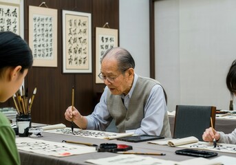 Elderly east asian man practicing japanese calligraphy during a lesson with young students