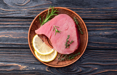 Raw tuna steak ( fillet ) photography . Top view