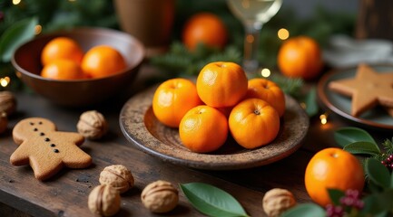 A rustic holiday table setting featuring a bowl of tangerines, walnuts, a gingerbread cookie, and festive greenery with golden fairy lights