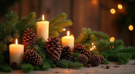 Cozy holiday scene with glowing candles, pinecones, and evergreen branches on a wooden table, surrounded by warm fairy lights