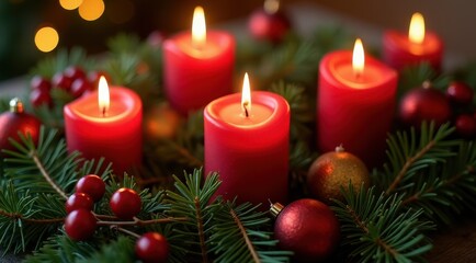 Lit red candles surrounded by evergreen branches and berries, creating a cozy holiday atmosphere