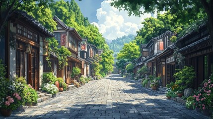 Obraz premium Serene bamboo forest path in traditional village setting
