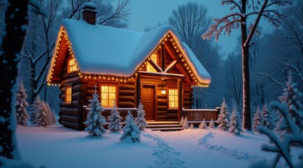 Fototapeta premium A cozy log cabin decorated with warm lights, surrounded by snow and evergreen trees in a magical winter scene