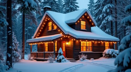 Fototapeta premium A cozy log cabin decorated with warm lights, surrounded by snow and evergreen trees in a magical winter scene