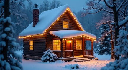 A cozy log cabin decorated with warm lights, surrounded by snow and evergreen trees in a magical winter scene