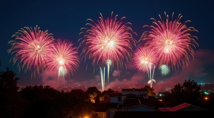 Bright red and gold fireworks illuminate the night sky over a cityscape, celebrating the New Year