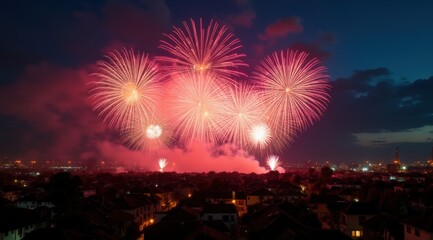 Obraz premium Bright red and gold fireworks illuminate the night sky over a cityscape, celebrating the New Year