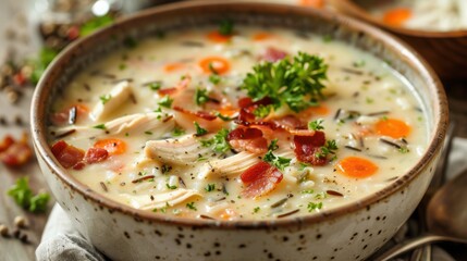 A mouthwatering bowl of creamy chicken and wild rice soup garnished with crispy bacon and chopped parsley, Soup bowl centered