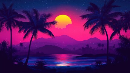 Naklejka premium Palm Trees Silhouetted Against Vibrant Sunset Over Tropical Ocean