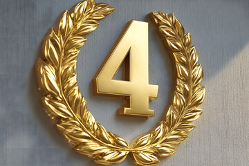 Golden number 4 with laurel wreath, 3D award design, shiny metallic emblem, premium achievement badge, top 4 ranking symbol, exclusive trophy illustration, success icon

