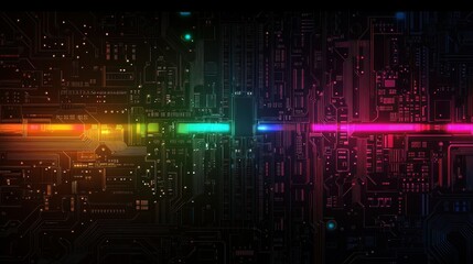 Fototapeta premium Background of motherboard circuit neon rainbow glowing futuristic technology wallpaper AI generated image