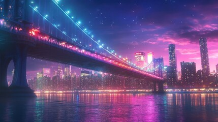 Fototapeta premium A vibrant cityscape at night featuring a bridge illuminated by colorful lights.