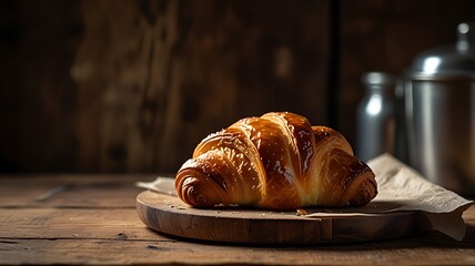 A Freshly Baked Croissant is beautifully presented on a rustic Wooden Table, ready to enjoy