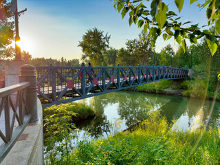 Panoramic view of Prince's Island Park and bridge to Calgary