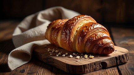 A Freshly Baked Croissant is beautifully presented on a rustic Wooden Table, ready to enjoy