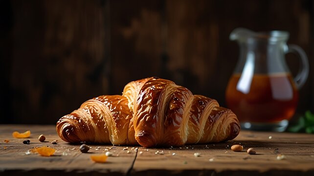 A Freshly Baked Croissant is beautifully presented on a rustic Wooden Table, ready to enjoy