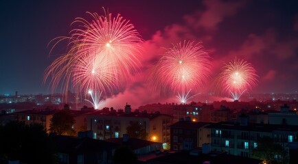 Obraz premium Bright red and gold fireworks illuminate the night sky over a cityscape, celebrating the New Year