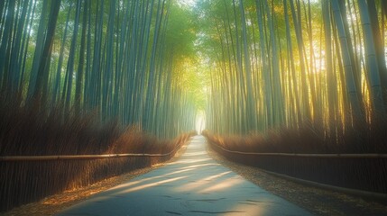 Serene Bamboo Village Street Lined with Traditional Homes in Nature