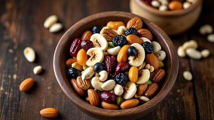 A rustic bowl filled with a vibrant trail mix of nuts, seeds, and dried fruits, offering a balanced
